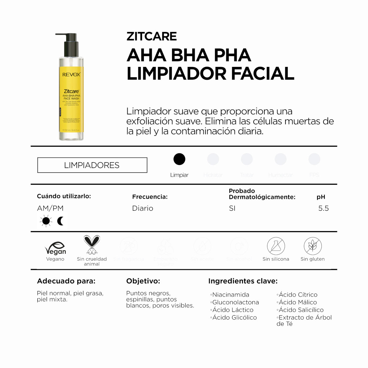 Revox B77 Zitcare Aha Bha Pha Limpiador Facial Con Te De &Aacute;rbol Centella Asi&aacute;tica Y Ah 250 Ml image number null