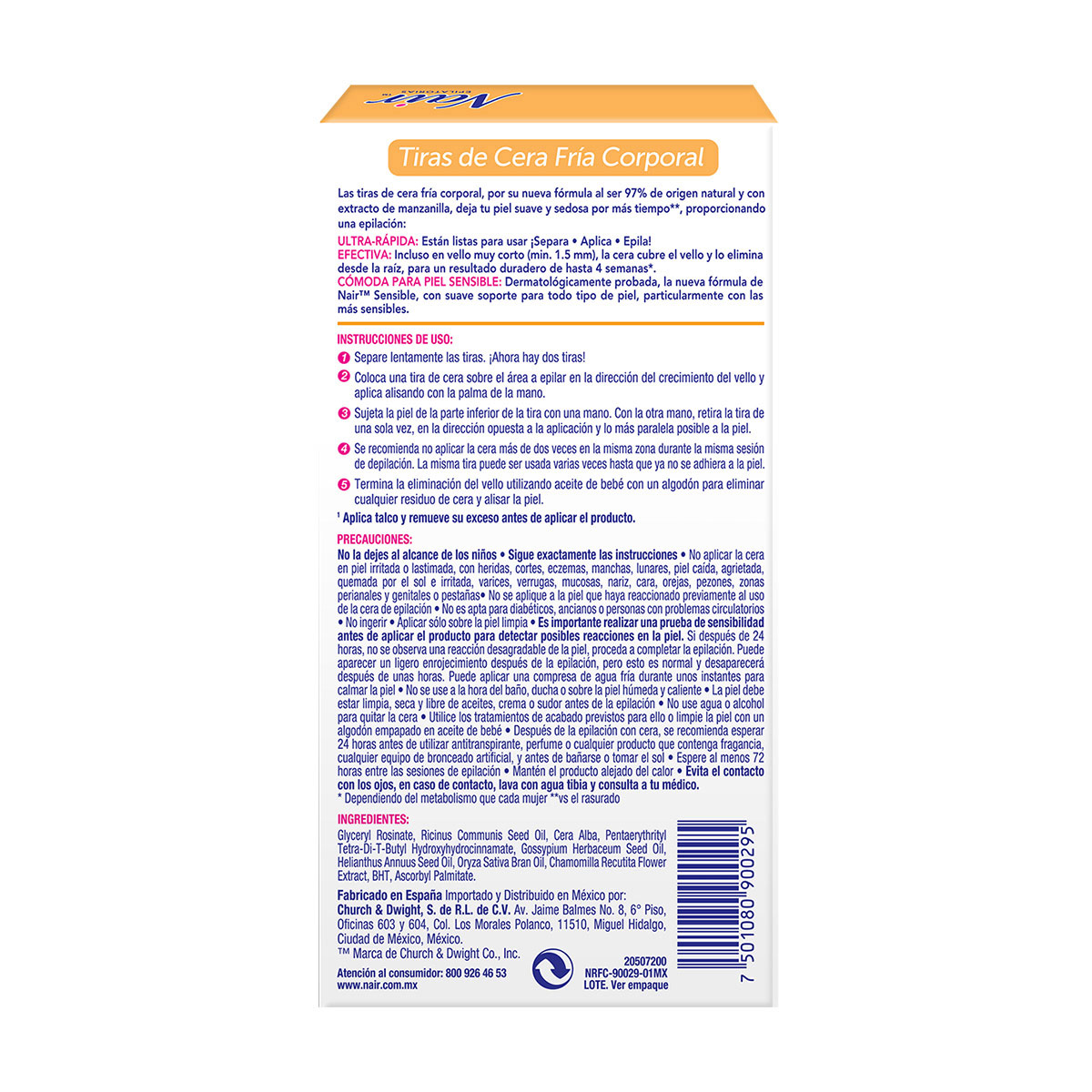 Nair Tiras De Cera Fr&iacute;a Corporales Para Piel Sensible Con Extracto De Manzanilla image number null