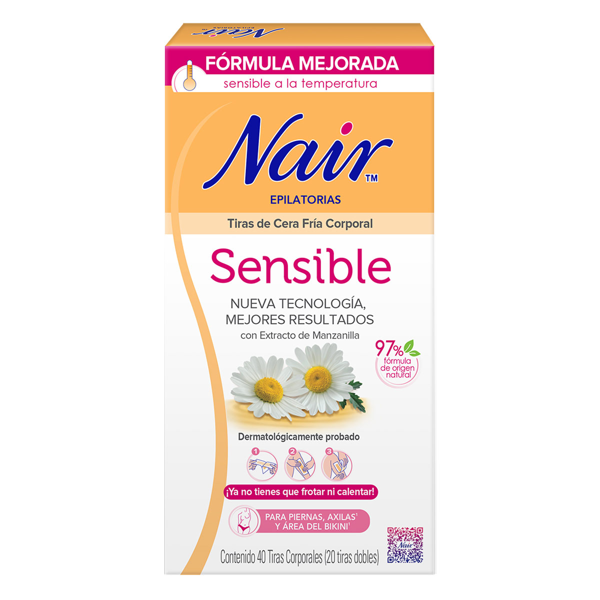 Nair Tiras De Cera Fr&iacute;a Corporales Para Piel Sensible Con Extracto De Manzanilla image number null